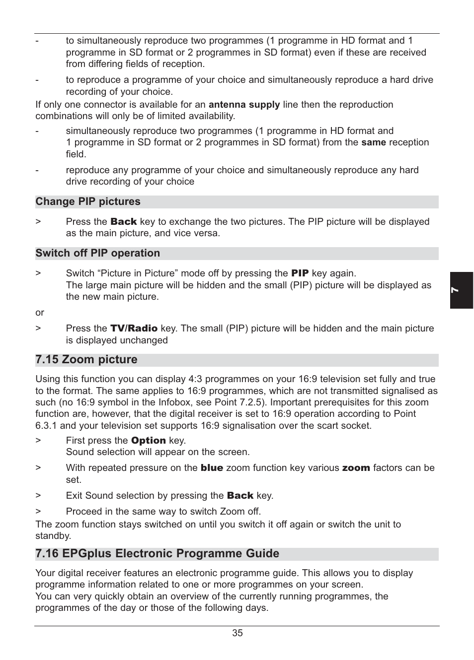 15 zoom picture, 16 epgplus electronic programme guide | TechniSat HD S2X User Manual | Page 35 / 92