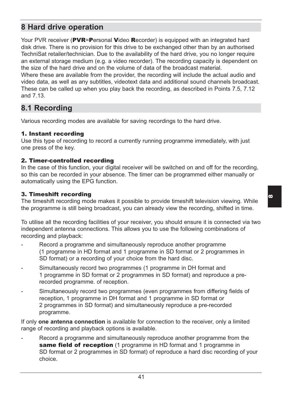 8 hard drive operation, 1 recording | TechniSat HD S2X User Manual | Page 41 / 92