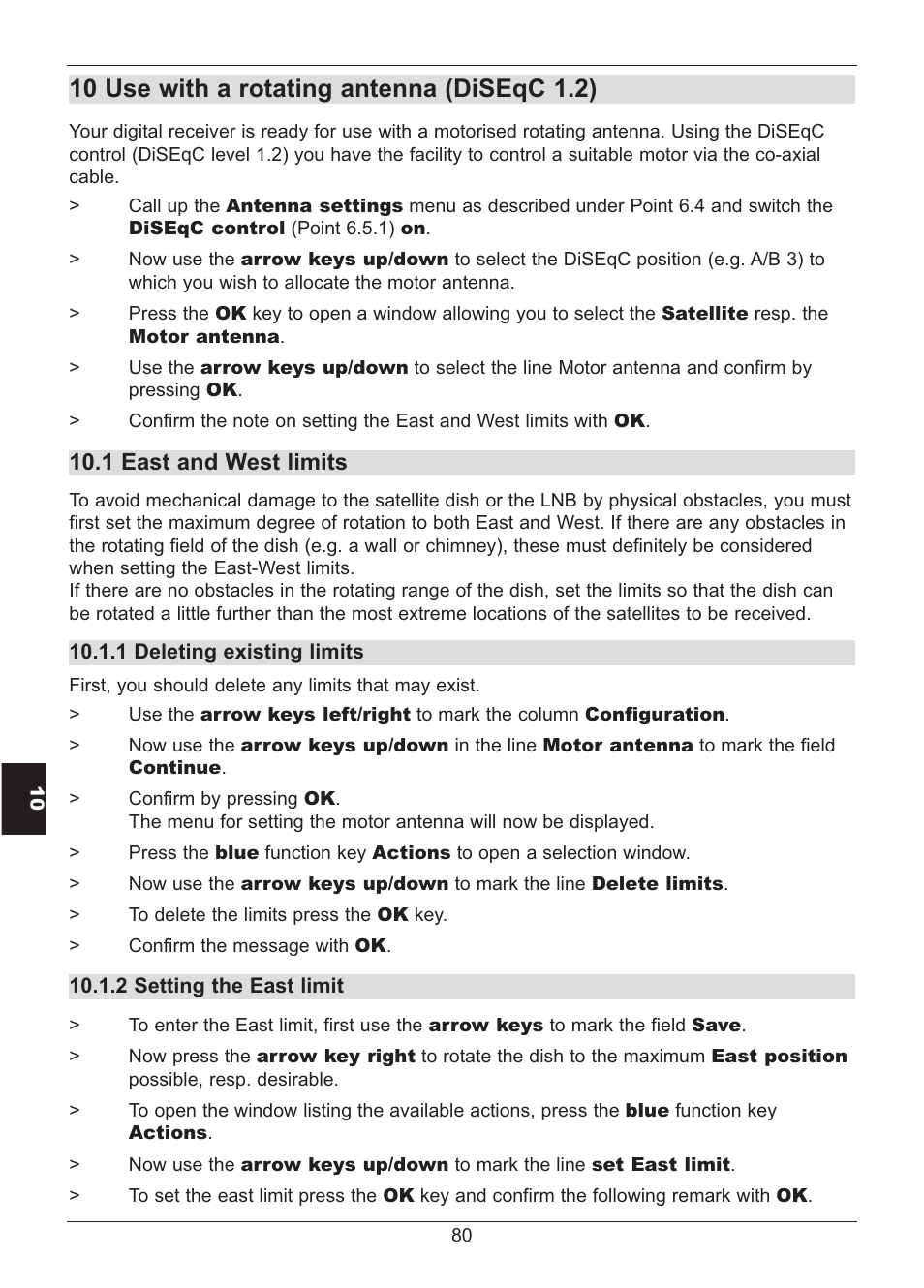 10 use with a rotating antenna (diseqc 1.2), 1 east and west limits | TechniSat HD S2X User Manual | Page 80 / 92