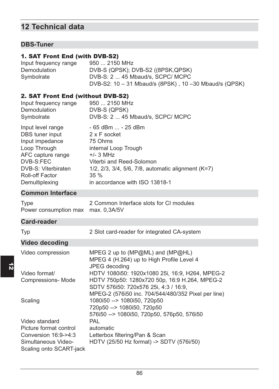 12 technical data | TechniSat HD S2X User Manual | Page 86 / 92