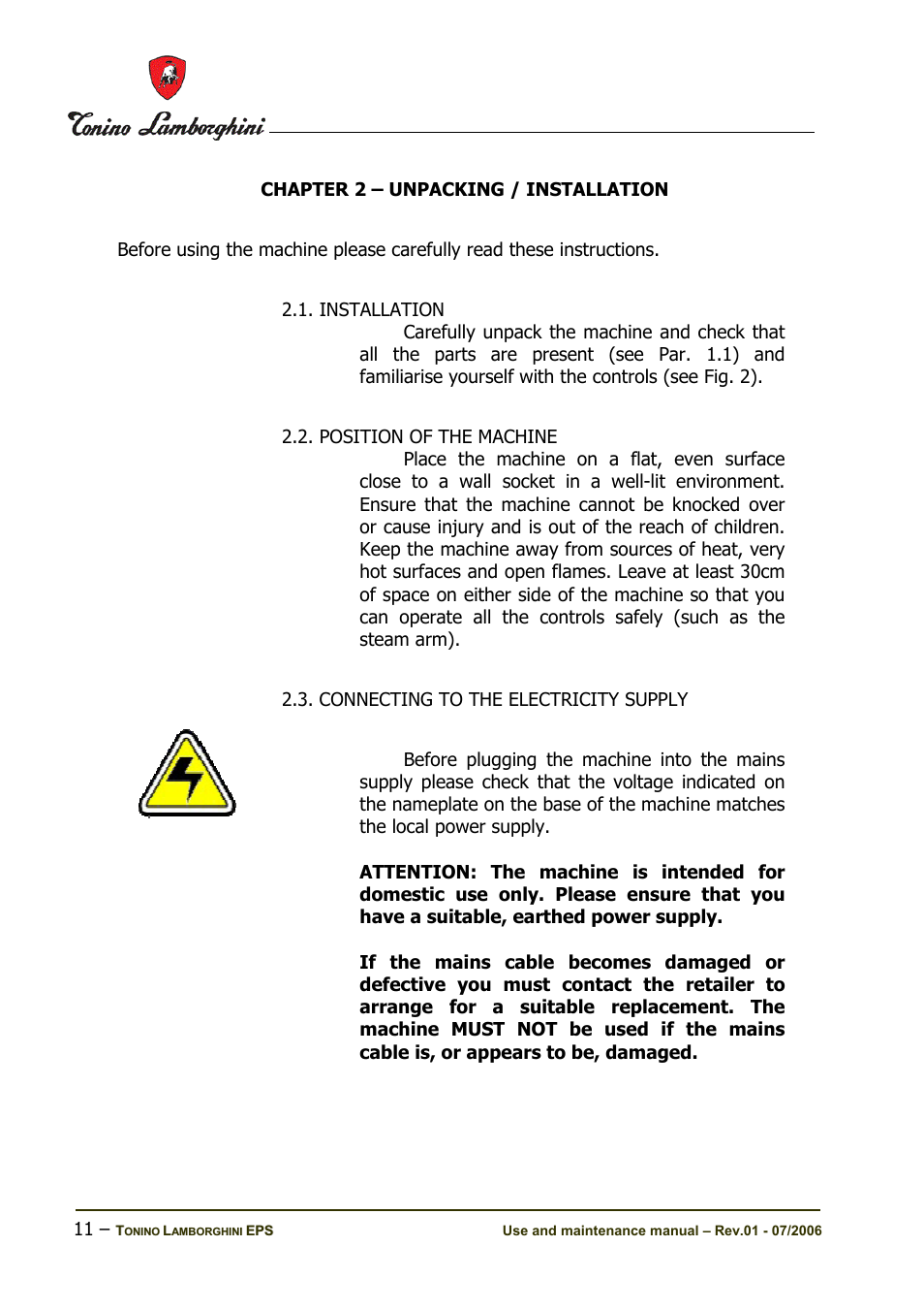 Chapter 2 – unpacking / installation | Tonino Lamborghini Espresso Maker User Manual | Page 11 / 30