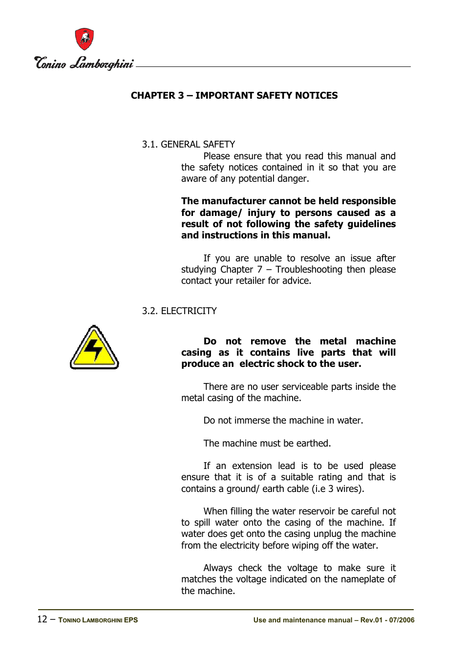Chapter 3 – important safety notices | Tonino Lamborghini Espresso Maker User Manual | Page 12 / 30