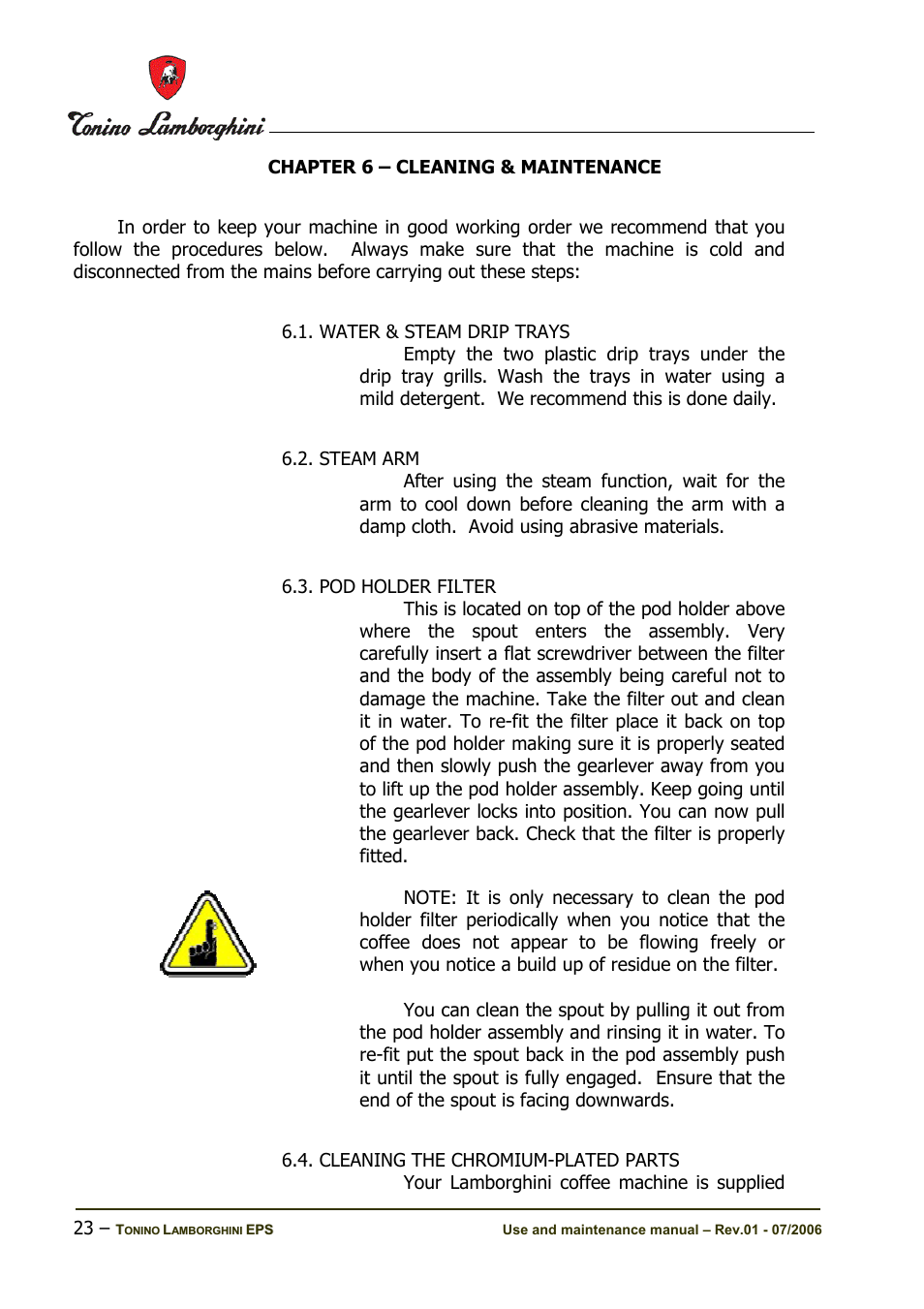 Chapter 6 – cleaning & maintenance | Tonino Lamborghini Espresso Maker User Manual | Page 23 / 30