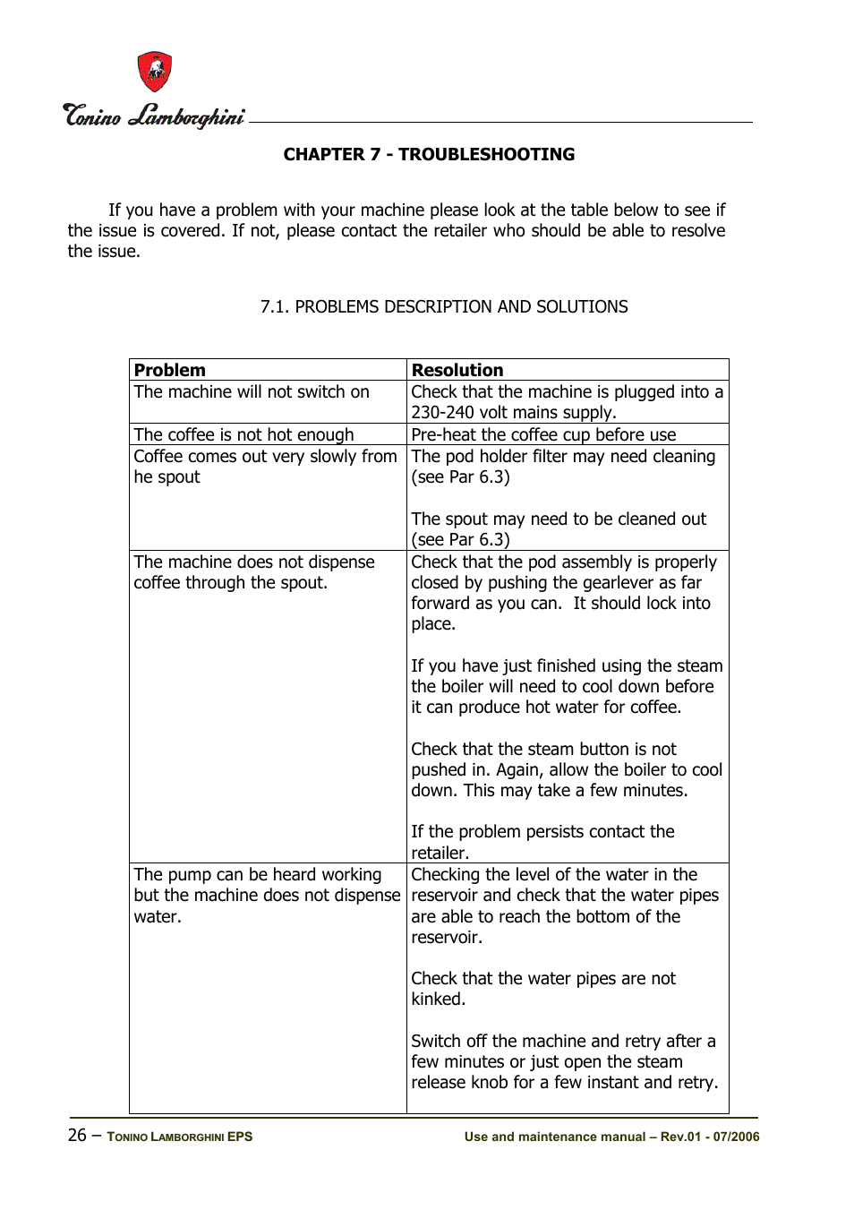 Chapter 7 - troubleshooting | Tonino Lamborghini Espresso Maker User Manual | Page 26 / 30