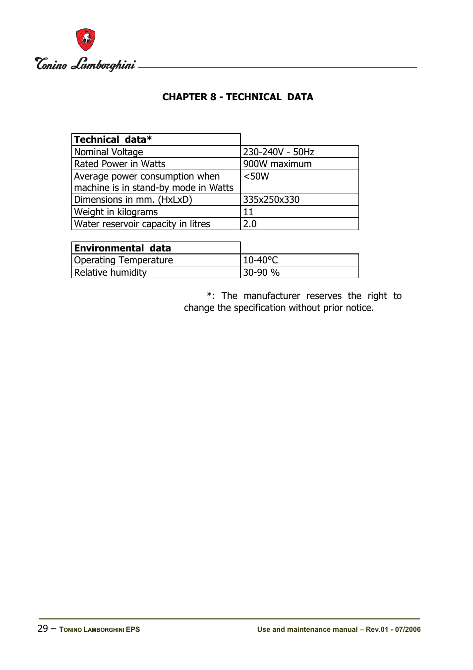 Chapter 8 - technical data | Tonino Lamborghini Espresso Maker User Manual | Page 29 / 30