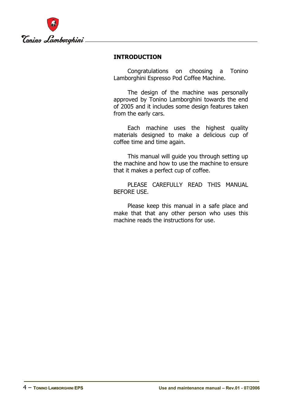 Introduction | Tonino Lamborghini Espresso Maker User Manual | Page 4 / 30
