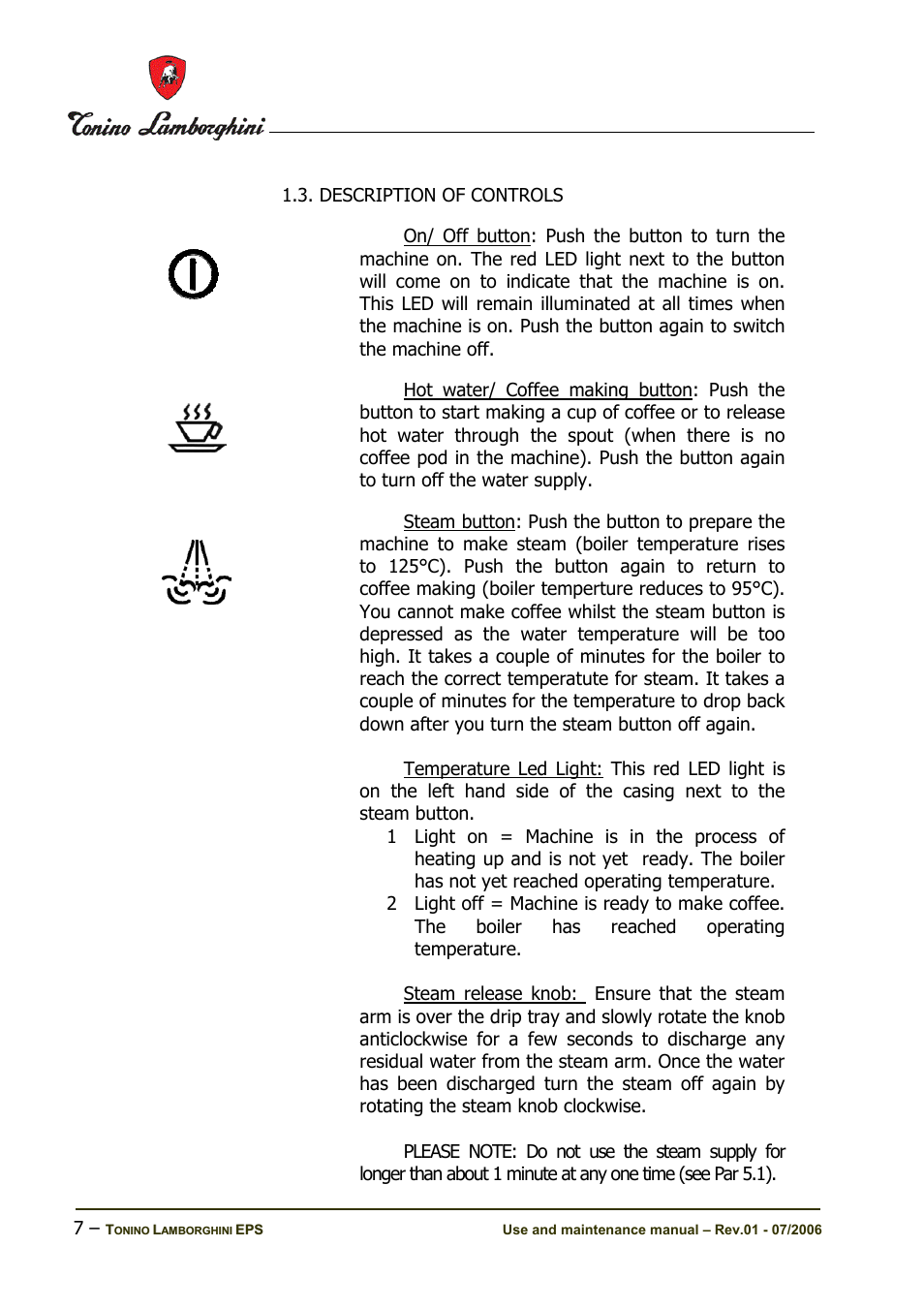 Description of controls | Tonino Lamborghini Espresso Maker User Manual | Page 7 / 30