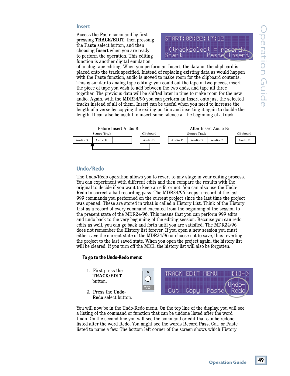 Oper a tion guide, Track edit menu [1]-> undo- cut copy paste redo, Insert | Undo/redo | Tonino Lamborghini OperationGuide MDR24/96 User Manual | Page 13 / 36