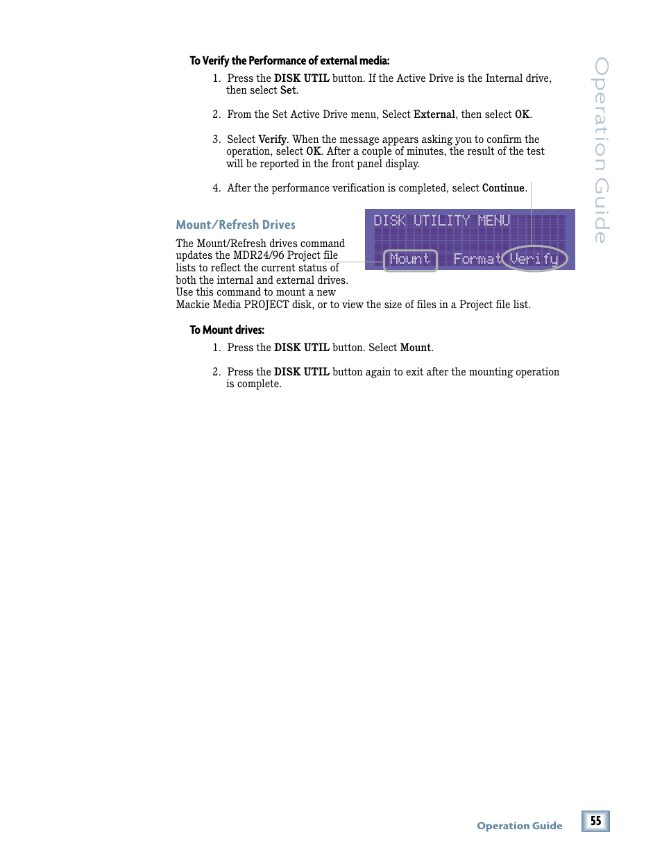 Oper a tion guide, Disk utility menu mount format verify | Tonino Lamborghini OperationGuide MDR24/96 User Manual | Page 19 / 36