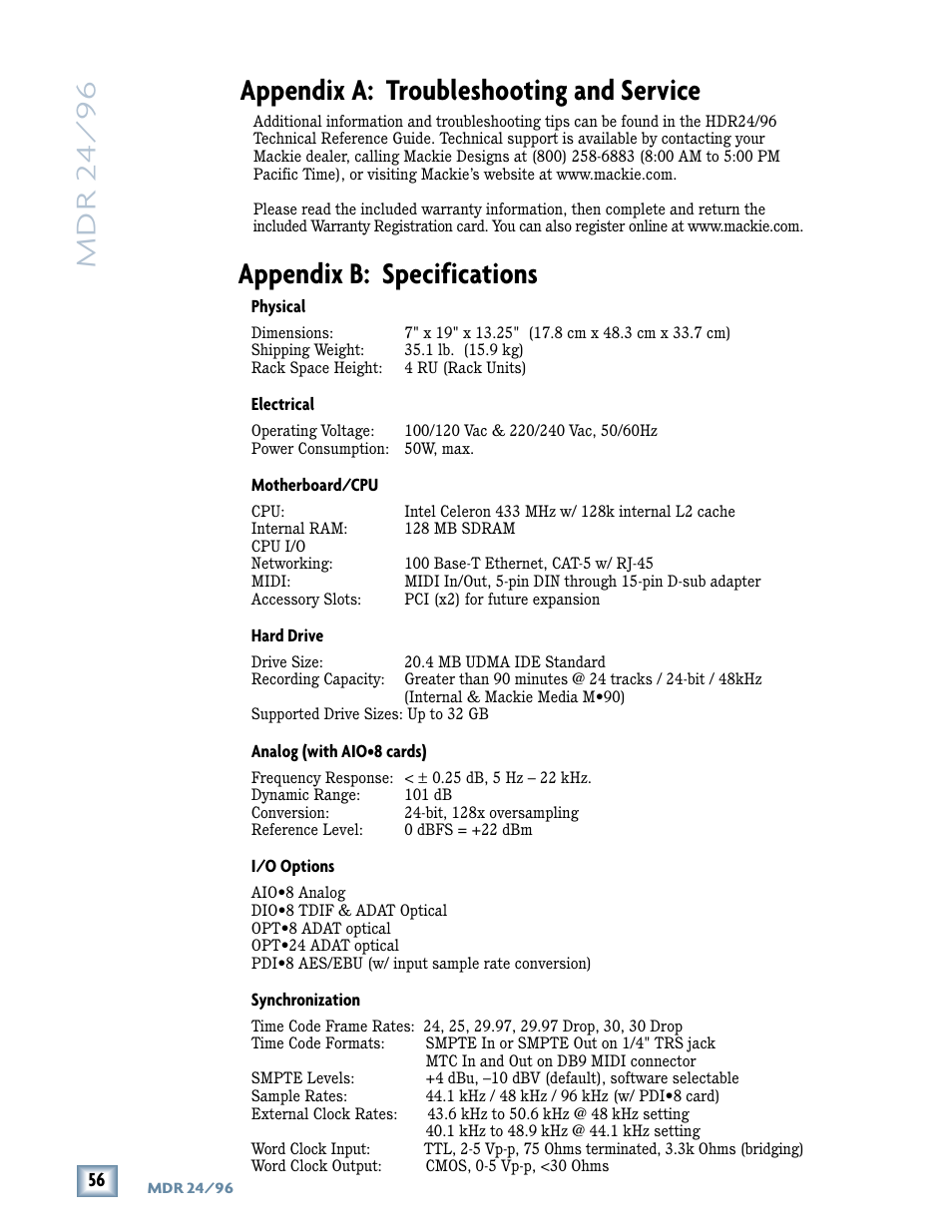 Appendix b: specifications, Appendix a: troubleshooting and service, Mdr 24/ 96 | Tonino Lamborghini OperationGuide MDR24/96 User Manual | Page 20 / 36