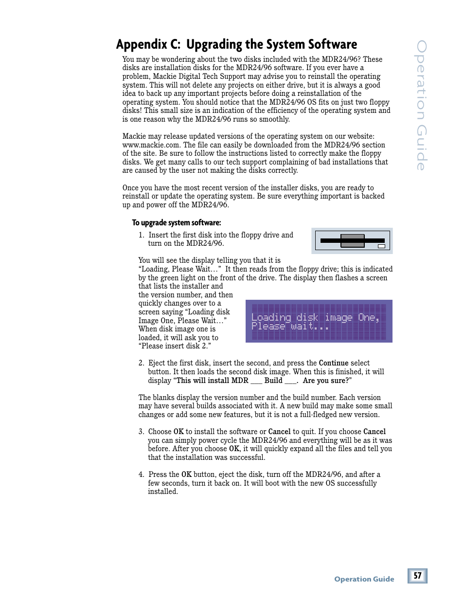 Appendix c: upgrading the system software, Oper a tion guide, Loading disk image one, please wait | Tonino Lamborghini OperationGuide MDR24/96 User Manual | Page 21 / 36