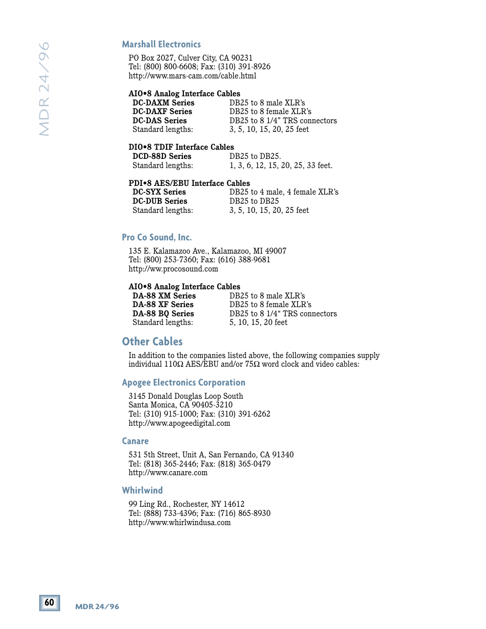 Mdr 24/ 96, Other cables | Tonino Lamborghini OperationGuide MDR24/96 User Manual | Page 24 / 36