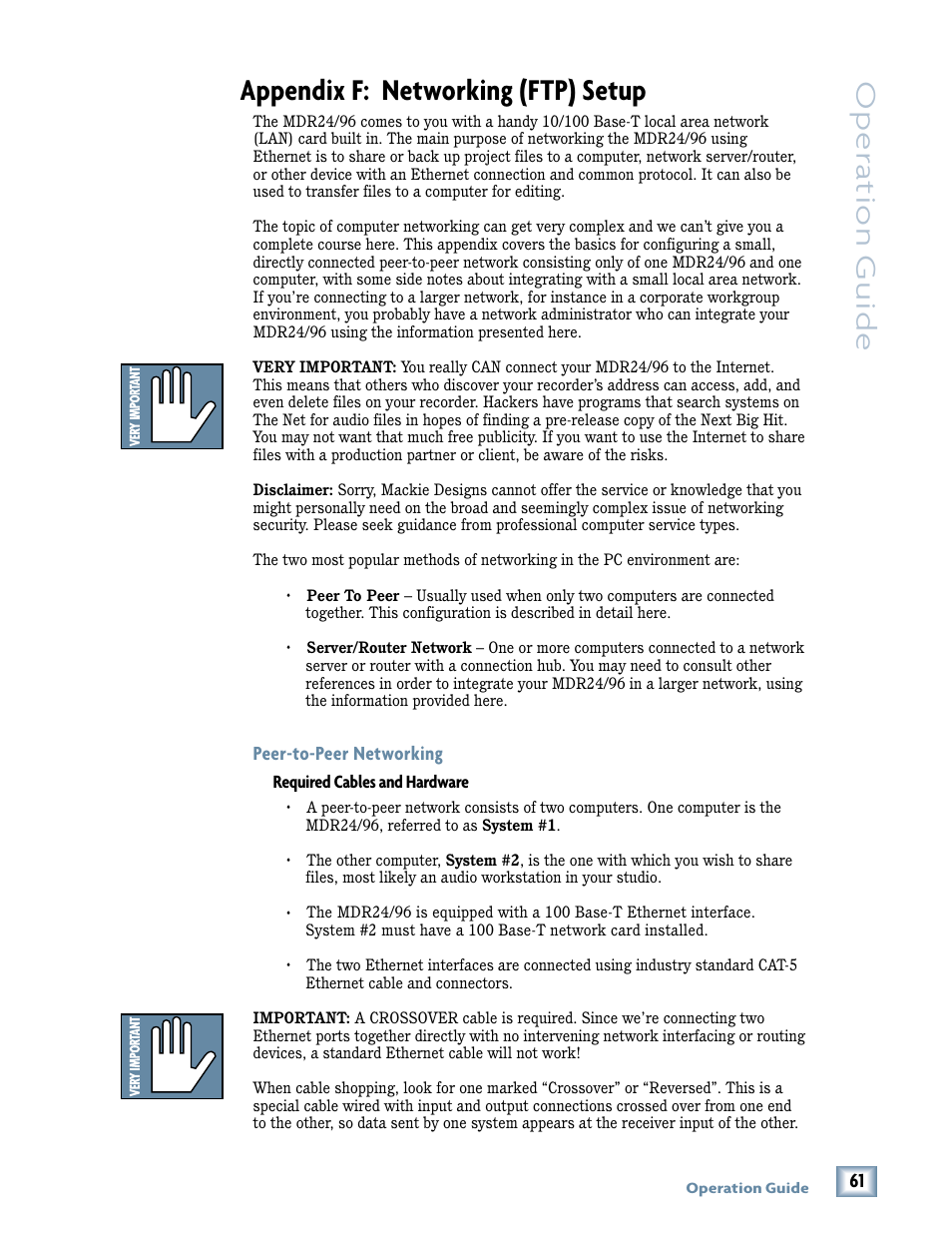 Appendix f: networking (ftp) setup, Oper a tion guide, Peer-to-peer networking | Tonino Lamborghini OperationGuide MDR24/96 User Manual | Page 25 / 36