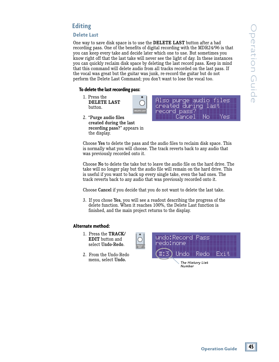 Oper a tion guide, Undo:record pass redo:none #:3 undo redo exit, Editing | Tonino Lamborghini OperationGuide MDR24/96 User Manual | Page 9 / 36