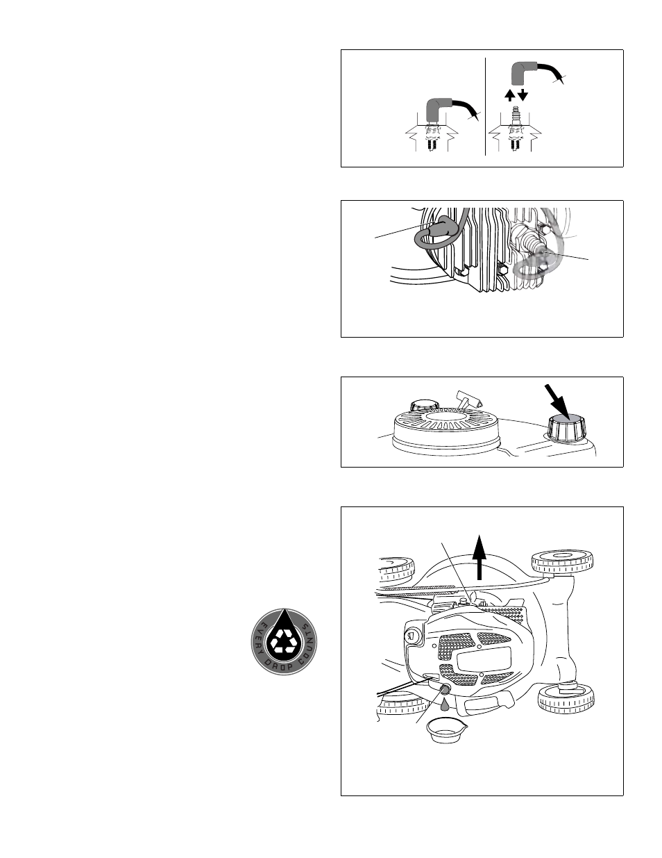 I. oil fill cap/dipstick, Remove oil fill cap/dipstick, Figure 30. disconnecting/connecting spark plug | Grounding post connection, Spark plug connection, Figure 32. fuel fill cap, Oil fill/drain tube (cap/dipstick), Carburetor, Figure 33. draining oil sump | Tecumseh LV156EA User Manual | Page 16 / 32