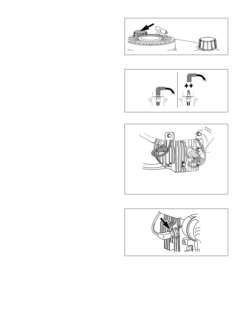 Wipe away any spilled oil, Figure 34. oil fill cap/dipstick, Figure 35. disconnecting/connecting spark plug | Grounding post connection, Spark plug connection, Figure 37. typical spark plug connection | Tecumseh LV156EA User Manual | Page 17 / 32