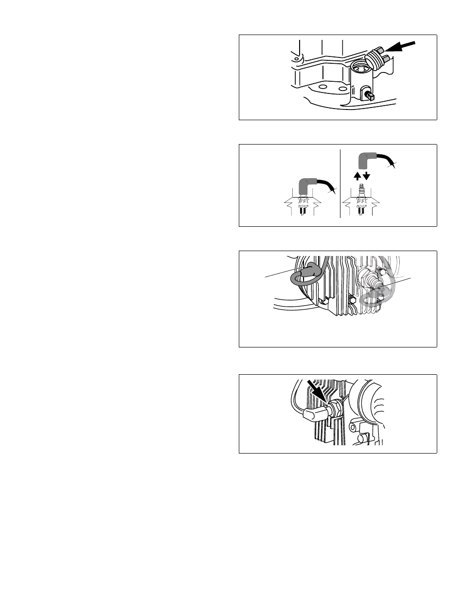 Wipe away any spilled oil, Figure 42. oil fill plug, Figure 43. disconnecting/connecting spark plug | Grounding post connection, Spark plug connection, Figure 45. typical spark plug connection | Tecumseh LV156EA User Manual | Page 19 / 32