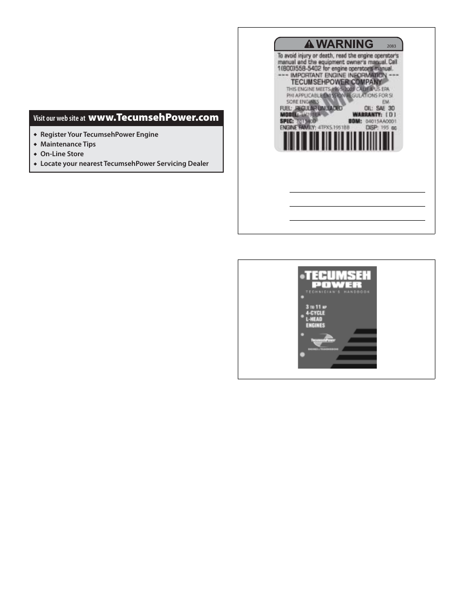 Ii. how to get service, A. engine identification decal, B. technician’s handbook | Figure 4. engine identification decal, Figure 5. technician’s handbook, How to get service, Log on | Tecumseh LV156EA User Manual | Page 5 / 32