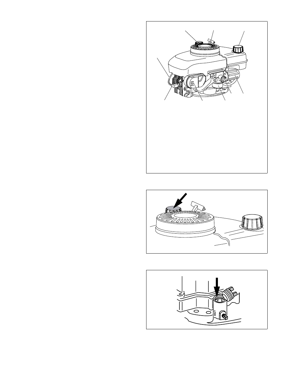 B. filling oil sump, I. oil fill cap/dipstick, Be sure engine is upright and level | Wipe away any spilled oil, Ii. oil fill cap/plug, Clean area around oil fill cap/plug. see figure 9, Unscrew oil fill cap/plug, Spark plug cap, Spark plug wire, Oil fill cap/dipstick | Tecumseh LV156EA User Manual | Page 7 / 32