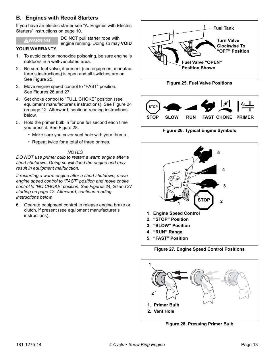 B. engines with recoil starters, Figure 25. fuel valve positions, Figure 26. typical engine symbols | Engine speed control, “stop” position, “slow” position, “run” range, “fast” position, Figure 27. engine speed control positions, Primer bulb | Tecumseh SNOW KING LH195SA User Manual | Page 15 / 32