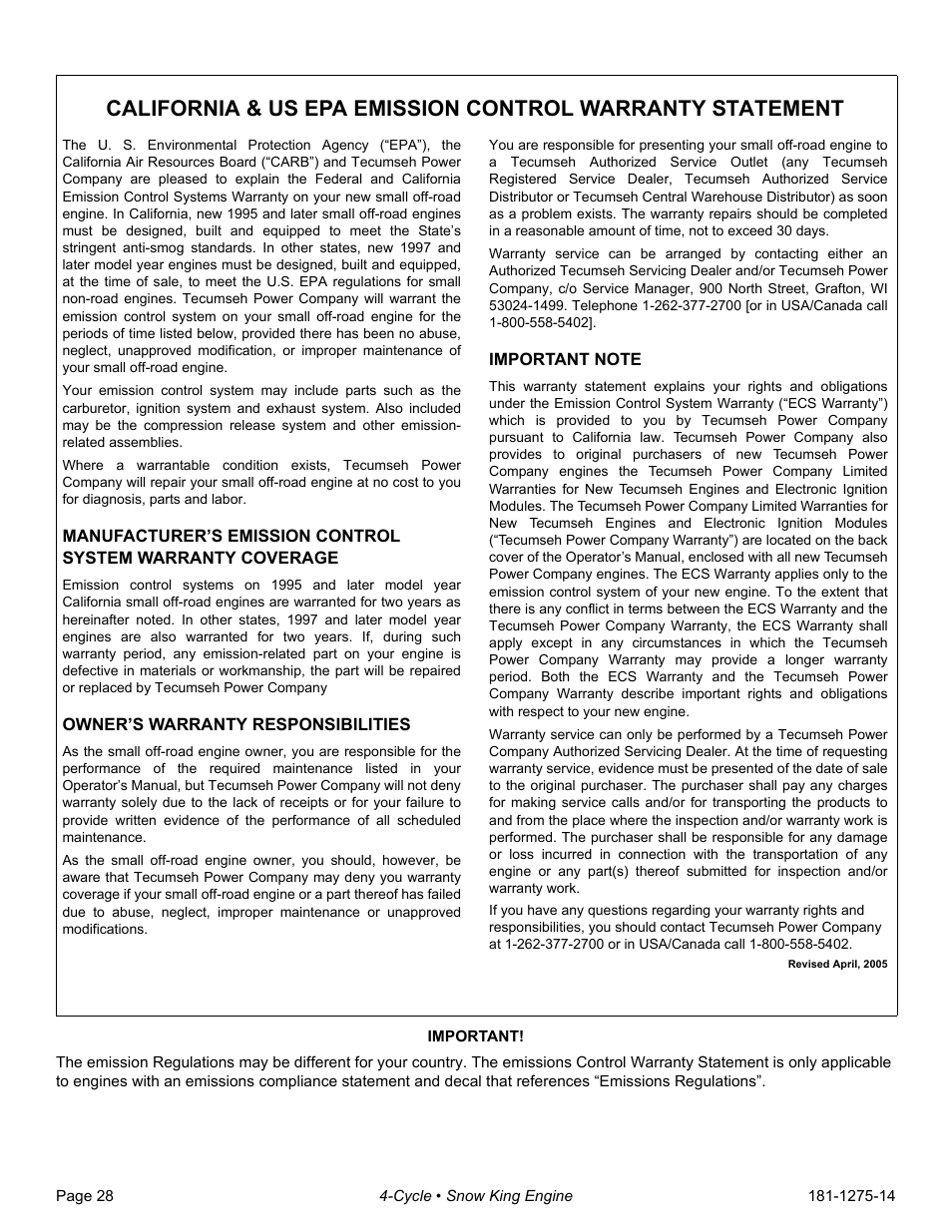 Important | Tecumseh SNOW KING LH195SA User Manual | Page 30 / 32