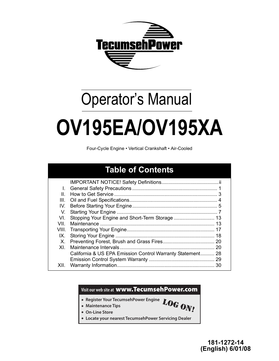 Tecumseh OV195EA User Manual | 32 pages