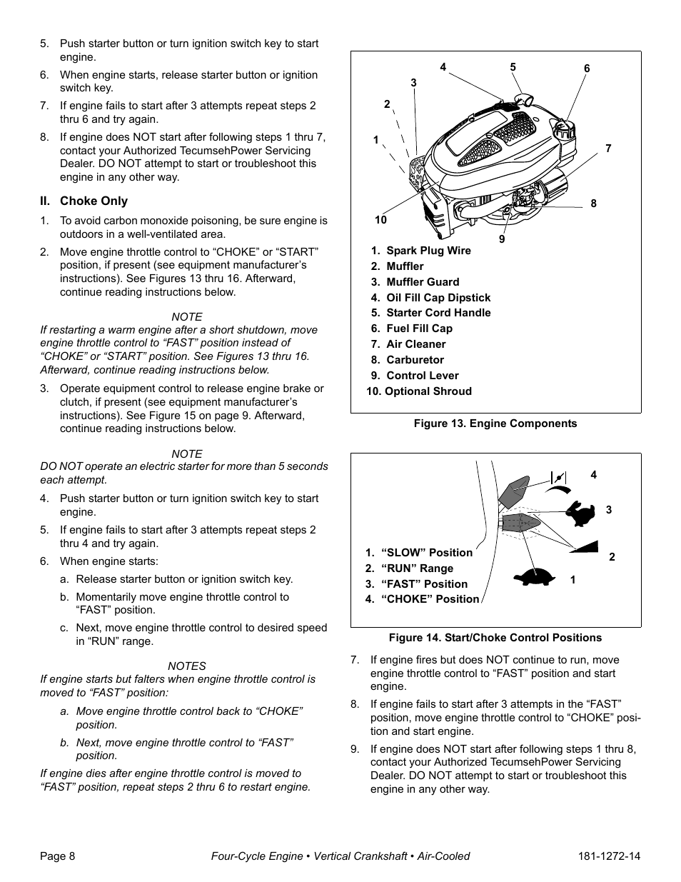 Ii. choke only, When engine starts, A. release starter button or ignition switch key | Spark plug wire, Muffler, Muffler guard, Oil fill cap dipstick, Starter cord handle, Fuel fill cap, Air cleaner | Tecumseh OV195EA User Manual | Page 10 / 32