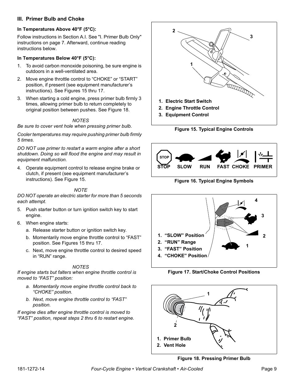 Iii. primer bulb and choke, When engine starts, A. release starter button or ignition switch key | Electric start switch, Engine throttle control, Equipment control, Figure 15. typical engine controls, Figure 16. typical engine symbols, “slow” position, “run” range | Tecumseh OV195EA User Manual | Page 11 / 32