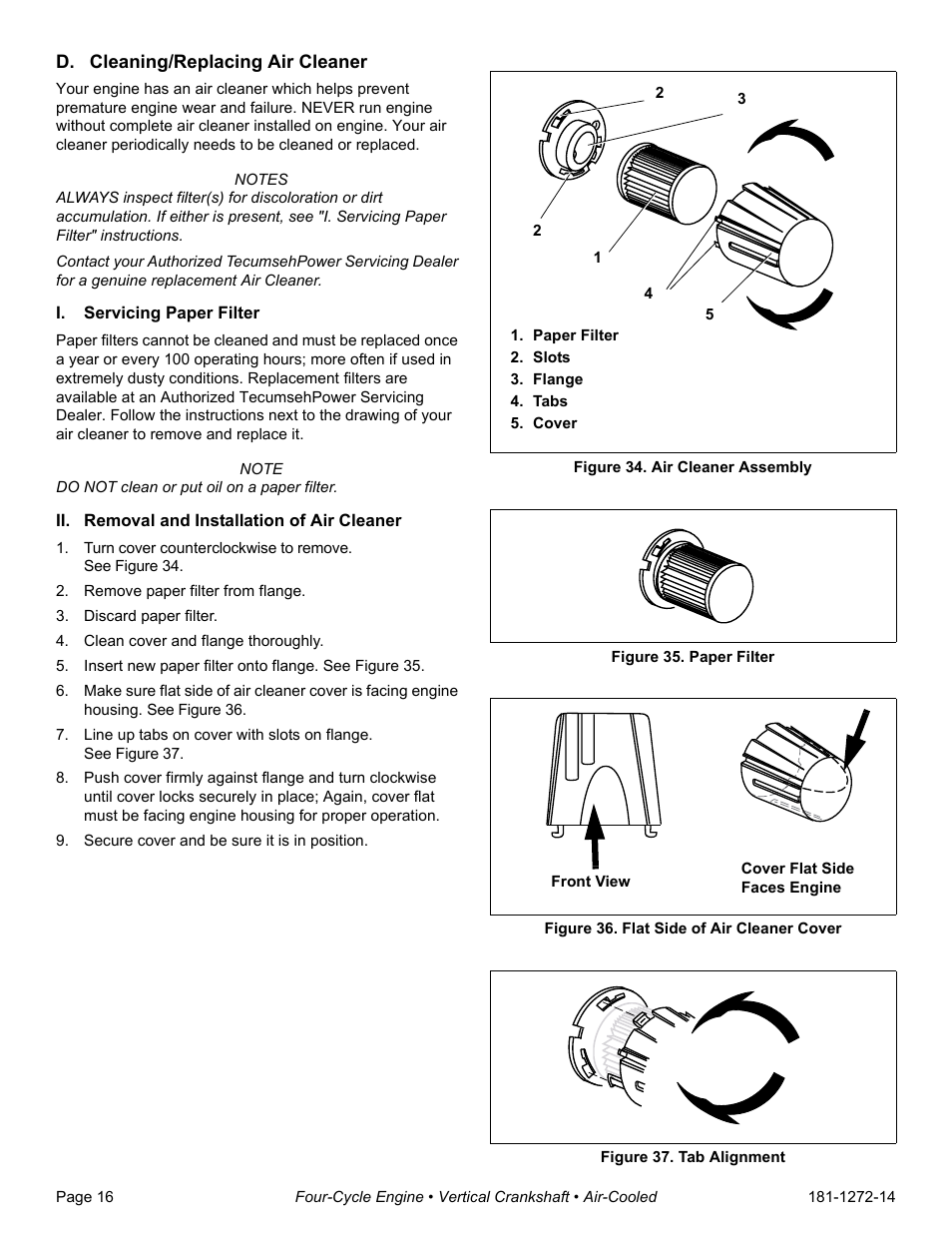 D. cleaning/replacing air cleaner, I. servicing paper filter, Ii. removal and installation of air cleaner | Remove paper filter from flange, Discard paper filter, Clean cover and flange thoroughly, Insert new paper filter onto flange. see figure 35, Secure cover and be sure it is in position, Paper filter, Slots | Tecumseh OV195EA User Manual | Page 18 / 32
