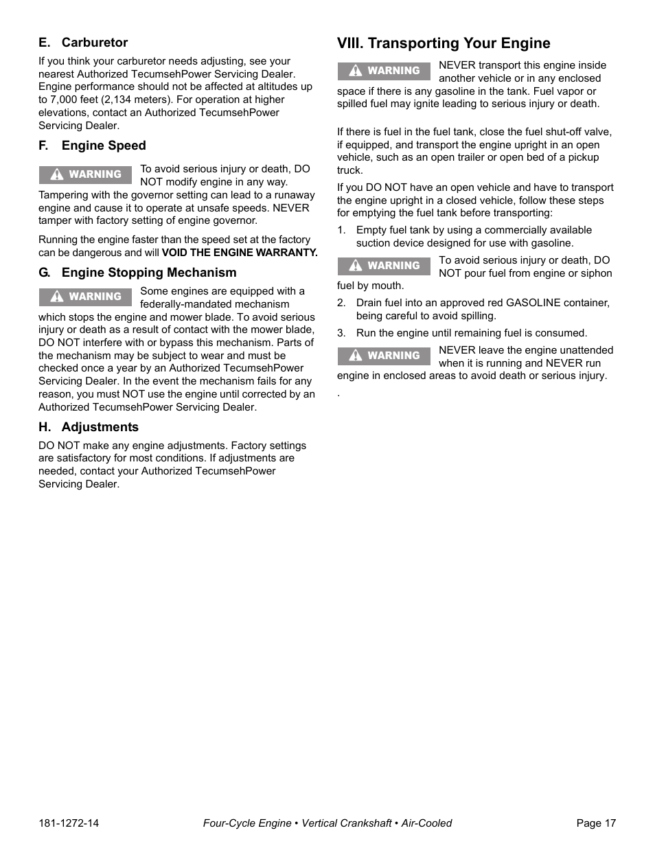 E. carburetor, F. engine speed, G. engine stopping mechanism | H. adjustments, Viii. transporting your engine, Run the engine until remaining fuel is consumed | Tecumseh OV195EA User Manual | Page 19 / 32