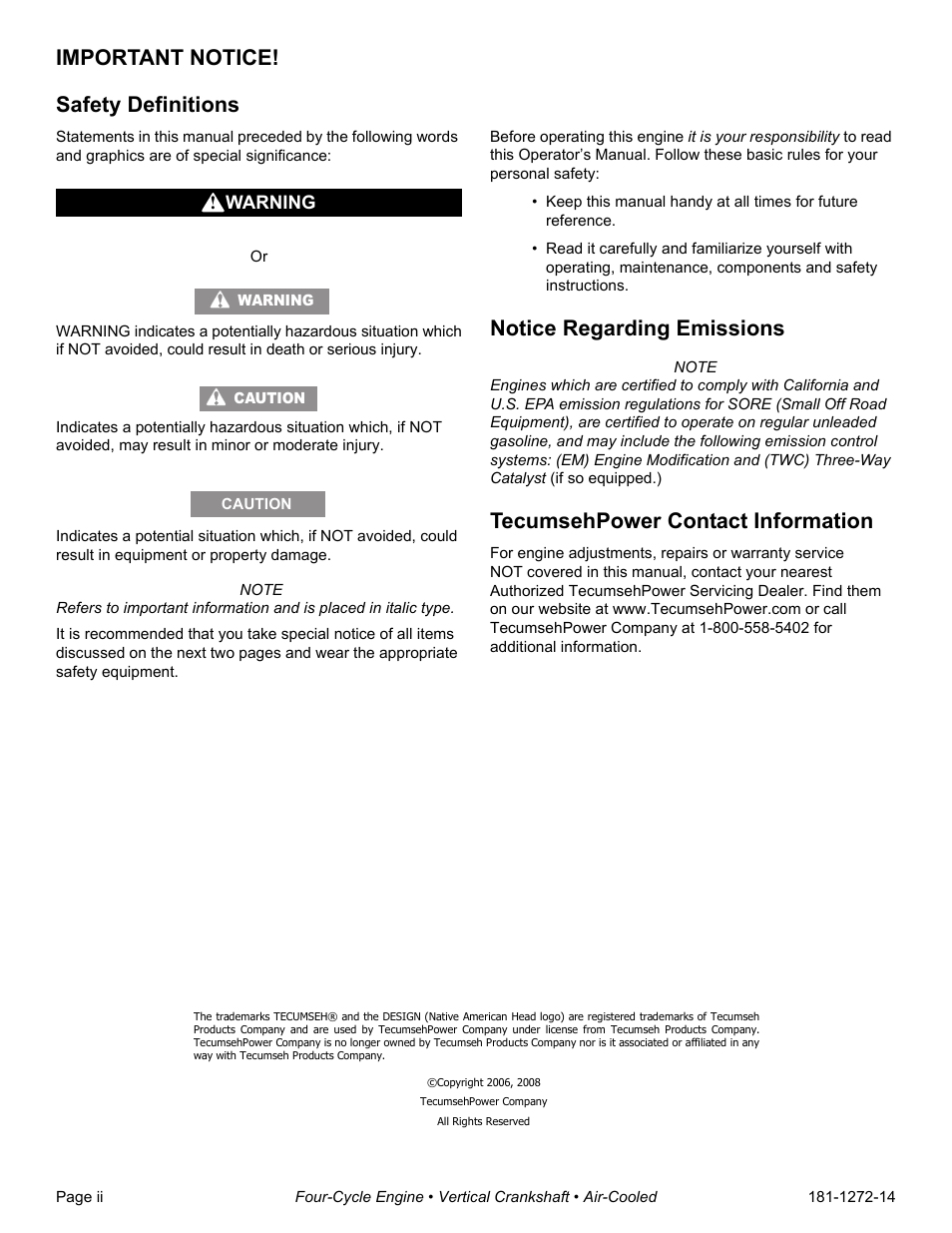 Important notice, Safety definitions, Notice regarding emissions | Tecumsehpower contact information, Important notice! safety definitions | Tecumseh OV195EA User Manual | Page 2 / 32
