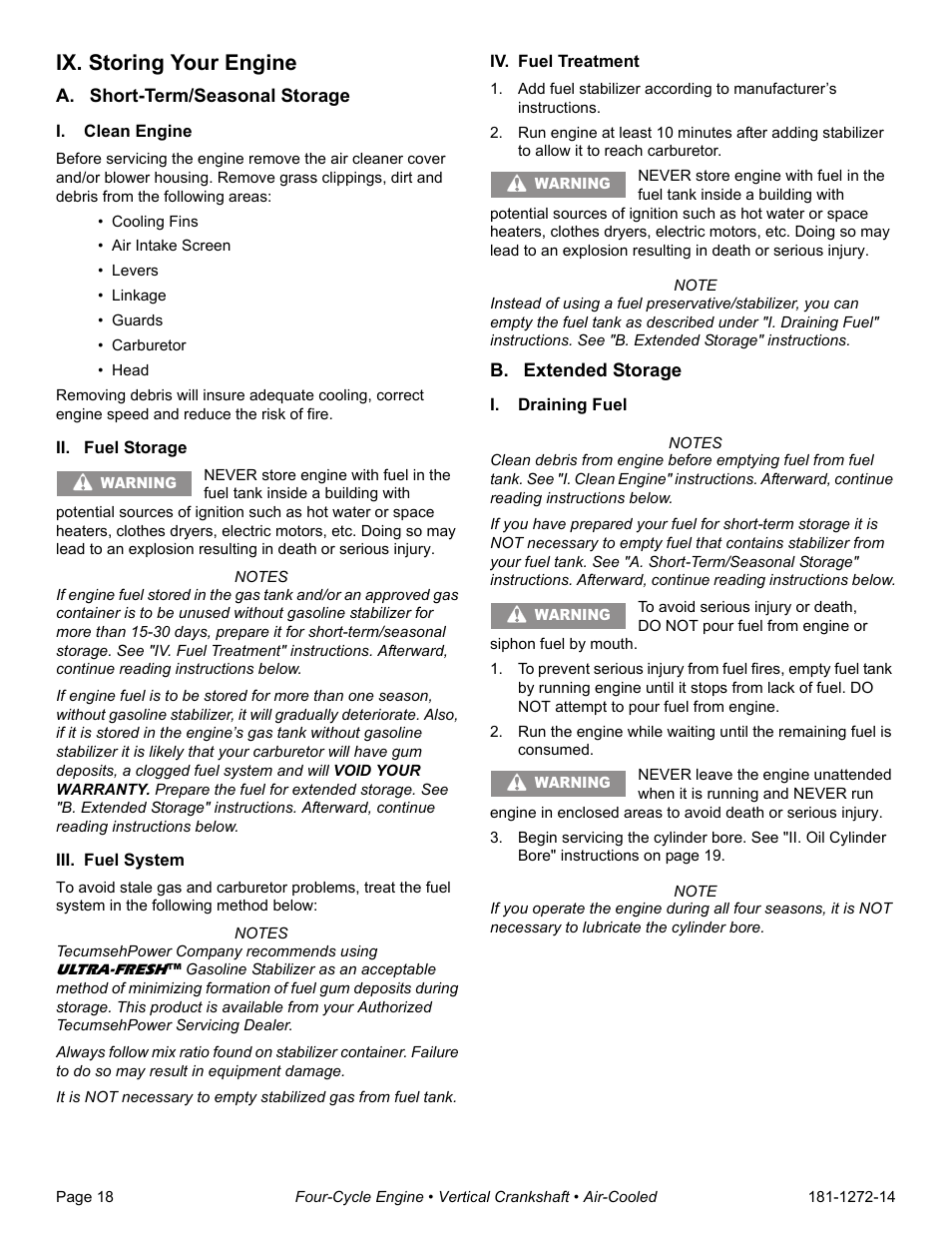 Ix. storing your engine, A. short-term/seasonal storage, I. clean engine | Ii. fuel storage, Iii. fuel system, Iv. fuel treatment, B. extended storage, I. draining fuel | Tecumseh OV195EA User Manual | Page 20 / 32