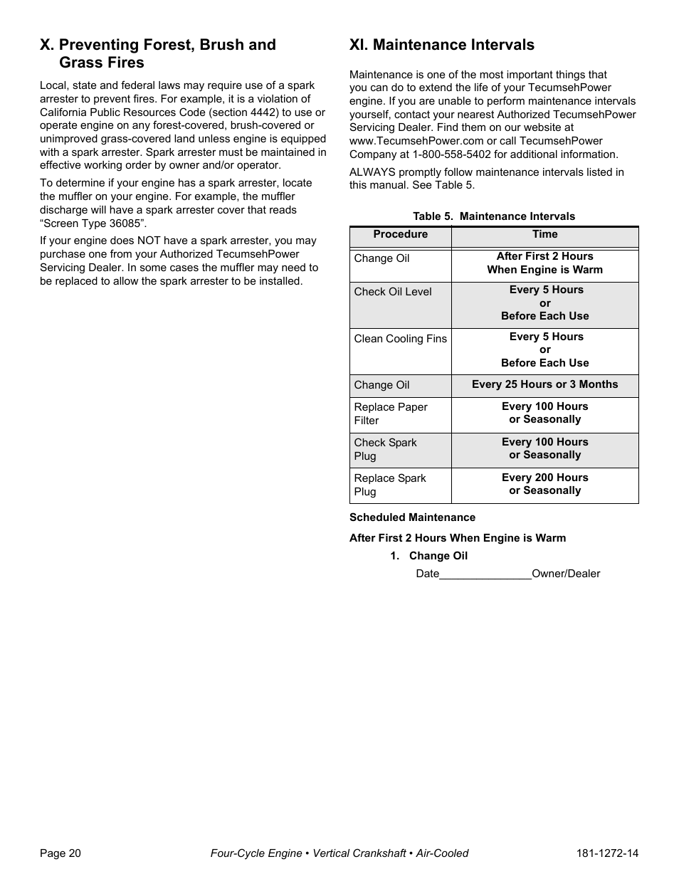 X. preventing forest, brush and grass fires, Xi. maintenance intervals, Table 5. maintenance intervals | Change oil | Tecumseh OV195EA User Manual | Page 22 / 32