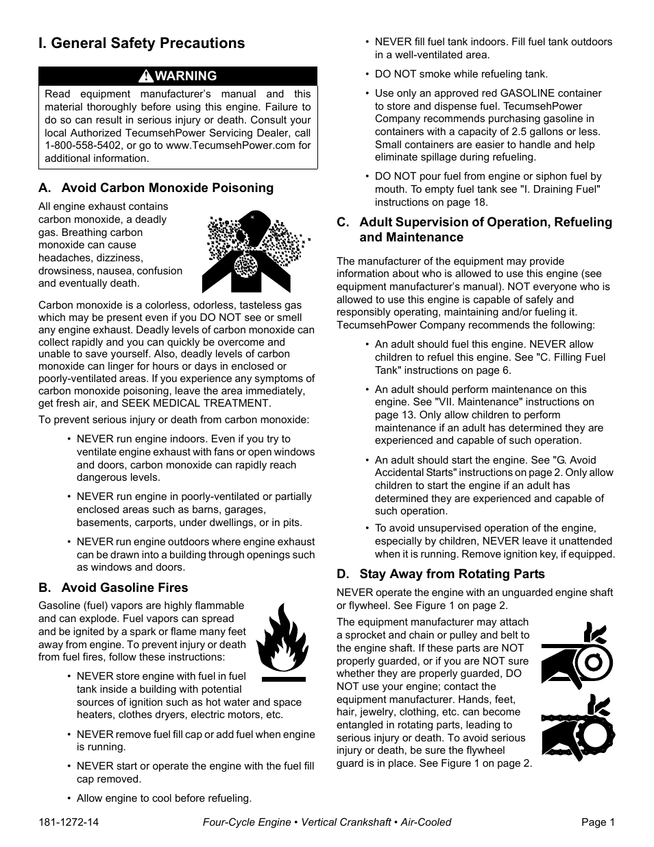 I. general safety precautions, A. avoid carbon monoxide poisoning, B. avoid gasoline fires | D. stay away from rotating parts | Tecumseh OV195EA User Manual | Page 3 / 32