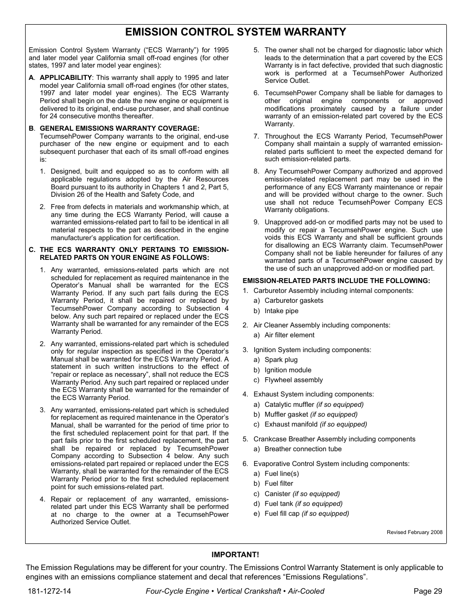 Emission control system warranty | Tecumseh OV195EA User Manual | Page 31 / 32