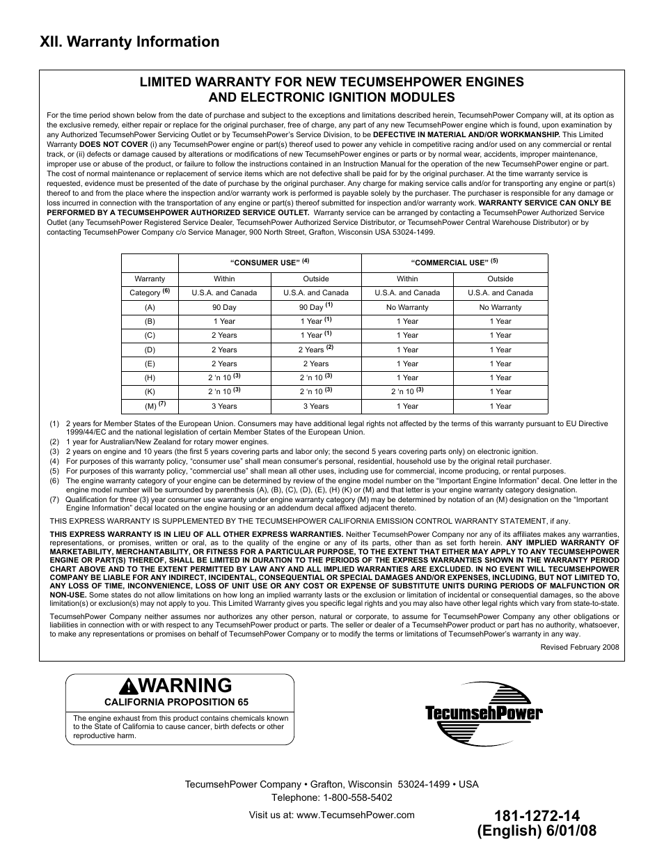 Xii. warranty information, 1272-14 (english) 6/01/08, Warning | Tecumseh OV195EA User Manual | Page 32 / 32