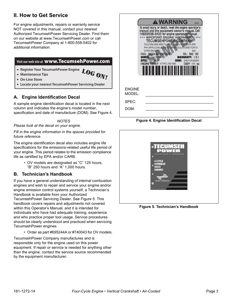 Ii. how to get service, A. engine identification decal, B. technician’s handbook | Figure 4. engine identification decal, Figure 5. technician’s handbook, Log on | Tecumseh OV195EA User Manual | Page 5 / 32