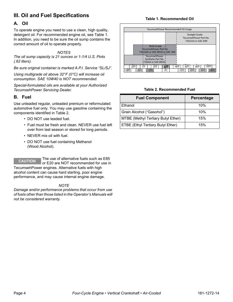 Iii. oil and fuel specifications, A. oil, B. fuel | Table 1. recommended oil, Table 2. recommended fuel, Fuel component percentage | Tecumseh OV195EA User Manual | Page 6 / 32