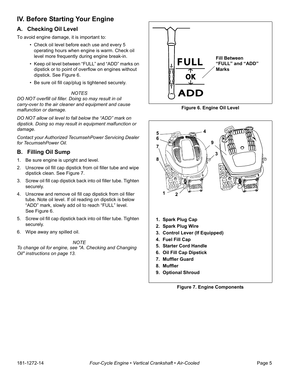 Iv. before starting your engine, A. checking oil level, B. filling oil sump | Be sure engine is upright and level, Wipe away any spilled oil, Figure 6. engine oil level, Spark plug cap, Spark plug wire, Control lever (if equipped), Fuel fill cap | Tecumseh OV195EA User Manual | Page 7 / 32
