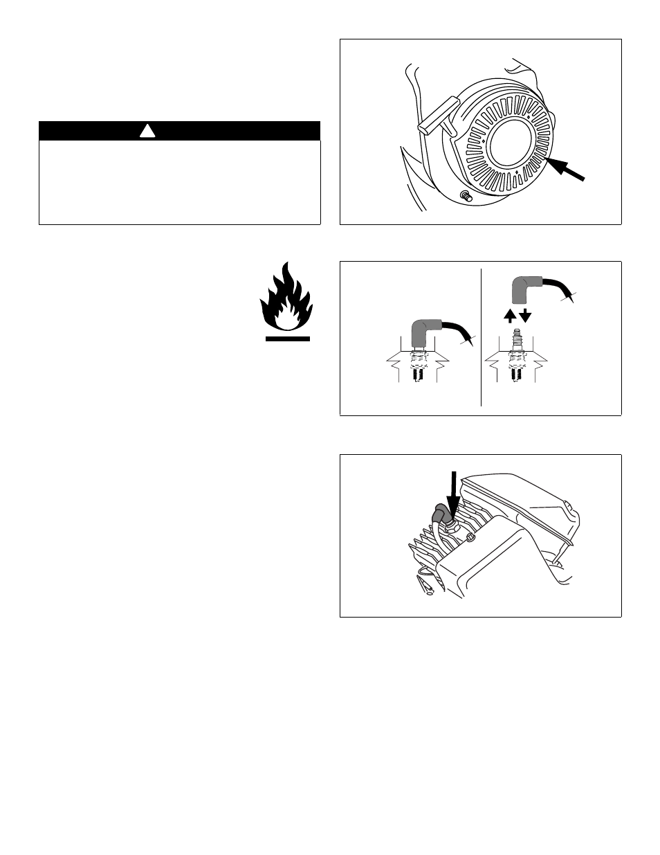 E. do not modify engine, F. avoid burns and fire from hot surfaces, G. avoid accidental starts | H. use hearing protection, Figure 1. do not use without flywheel guard, Figure 2. disconnecting/connecting spark plug, Figure 3. typical spark plug connection | Tecumseh TH139SP(HSK600-870) User Manual | Page 4 / 24