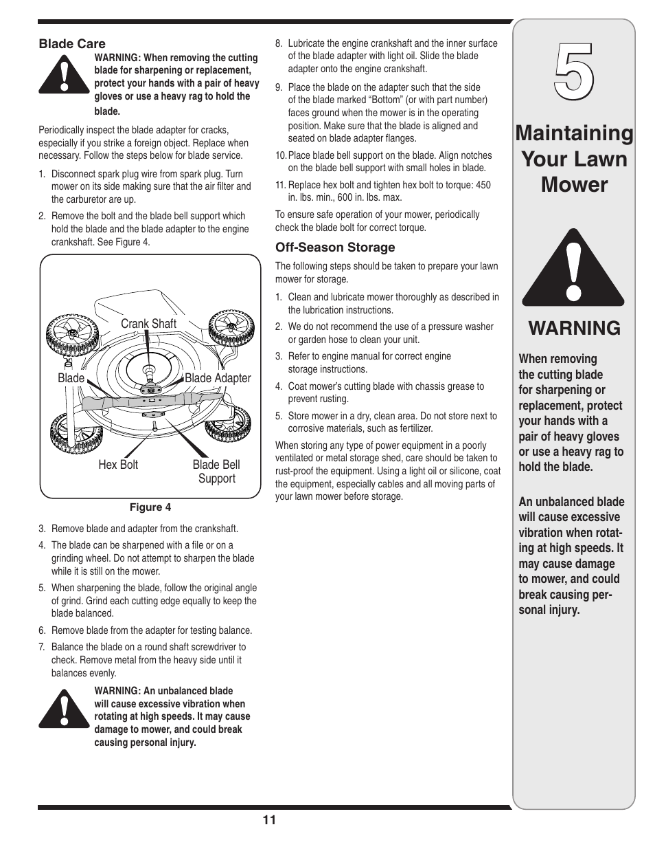 Maintaining your lawn mower, Warning | Tecumseh 105 User Manual | Page 11 / 16