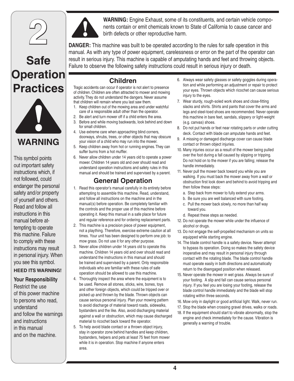 Safe operation practices, Warning, Children | General operation | Tecumseh 105 User Manual | Page 4 / 16