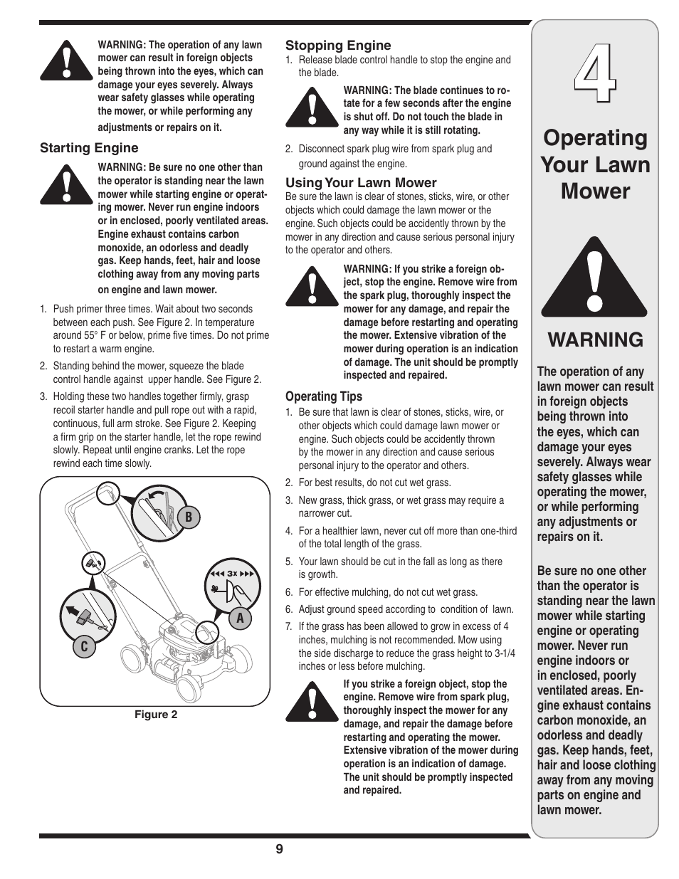 Operating your lawn mower, Warning | Tecumseh 105 User Manual | Page 9 / 16
