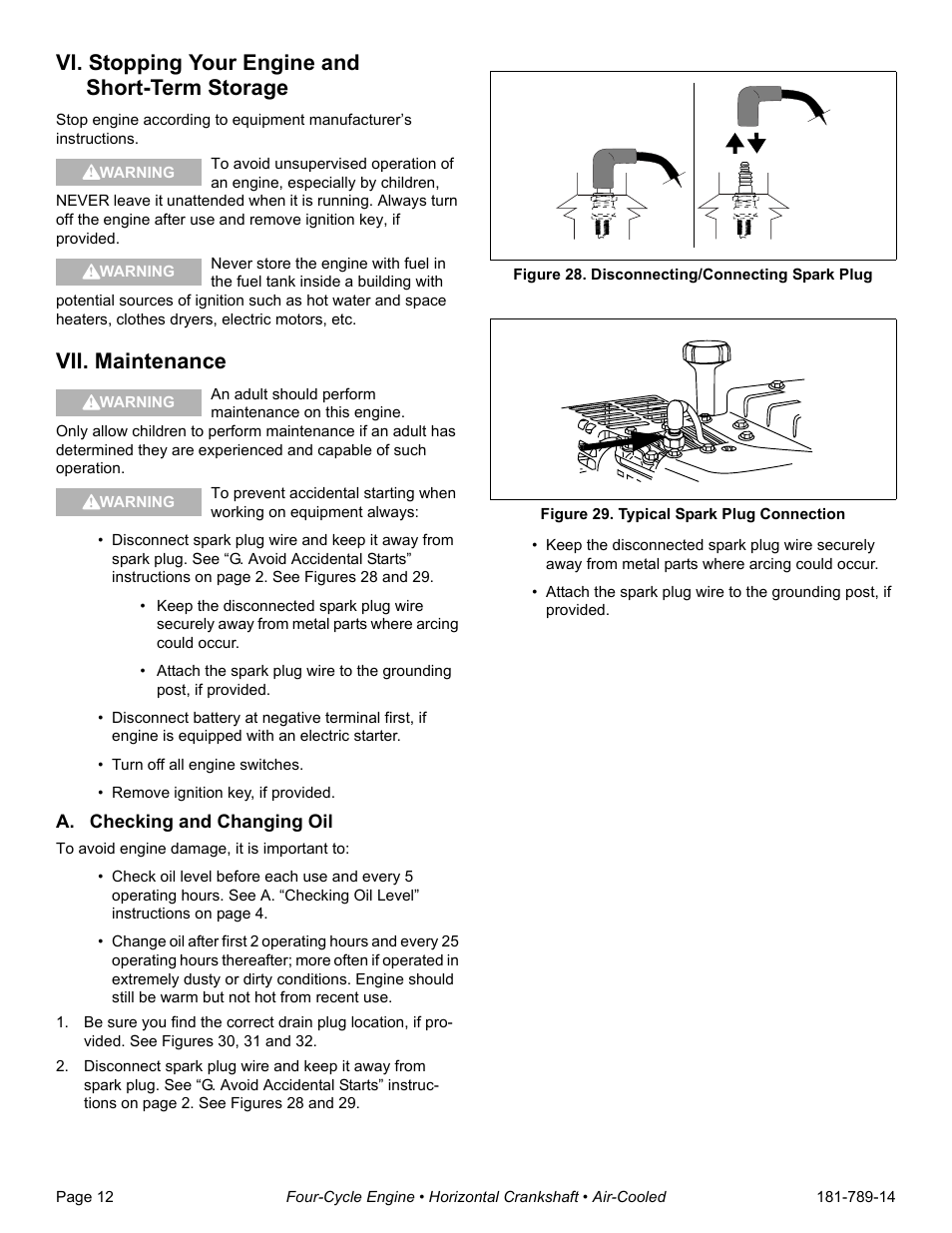 Vi. stopping your engine and short-term storage, Vii. maintenance, A. checking and changing oil | Figure 28. disconnecting/connecting spark plug, Figure 29. typical spark plug connection | Tecumseh H30-40 User Manual | Page 14 / 24