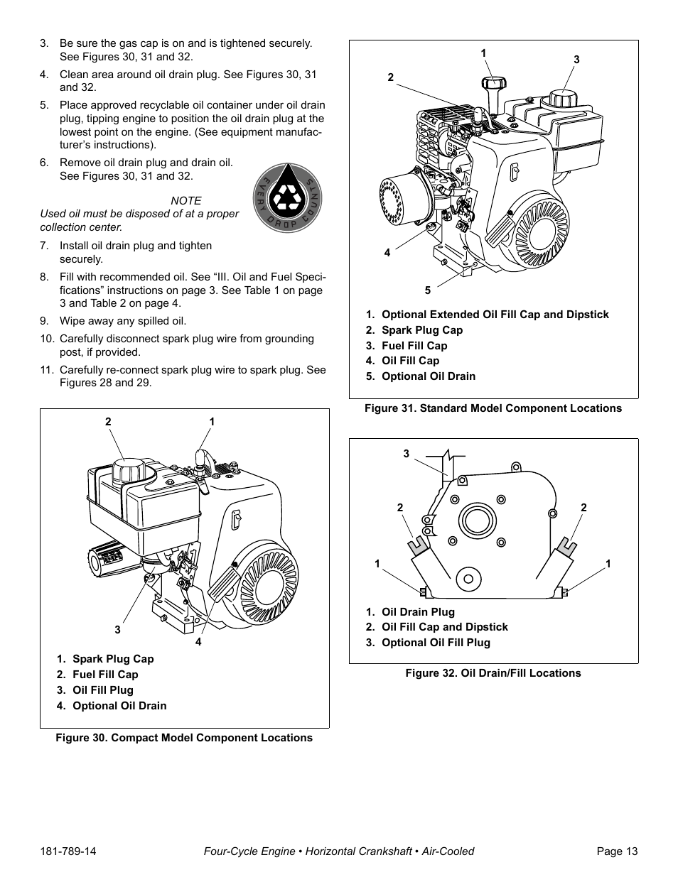 Install oil drain plug and tighten securely, Wipe away any spilled oil, Spark plug cap | Fuel fill cap, Oil fill plug, Optional oil drain, Figure 30. compact model component locations, Optional extended oil fill cap and dipstick, Oil fill cap, Figure 31. standard model component locations | Tecumseh H30-40 User Manual | Page 15 / 24