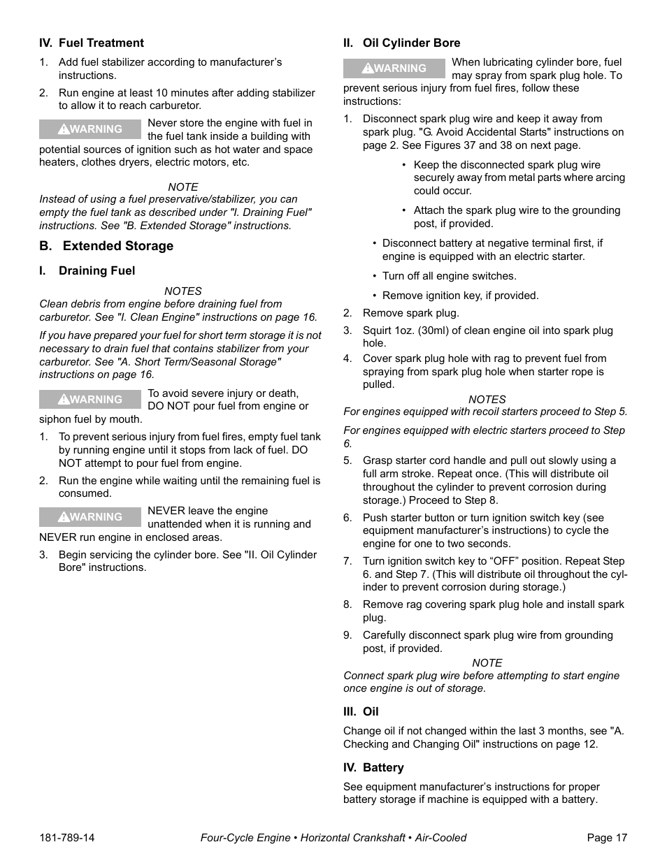 Iv. fuel treatment, B. extended storage, I. draining fuel | Ii. oil cylinder bore, Remove spark plug, Iii. oil, Iv. battery | Tecumseh H30-40 User Manual | Page 19 / 24