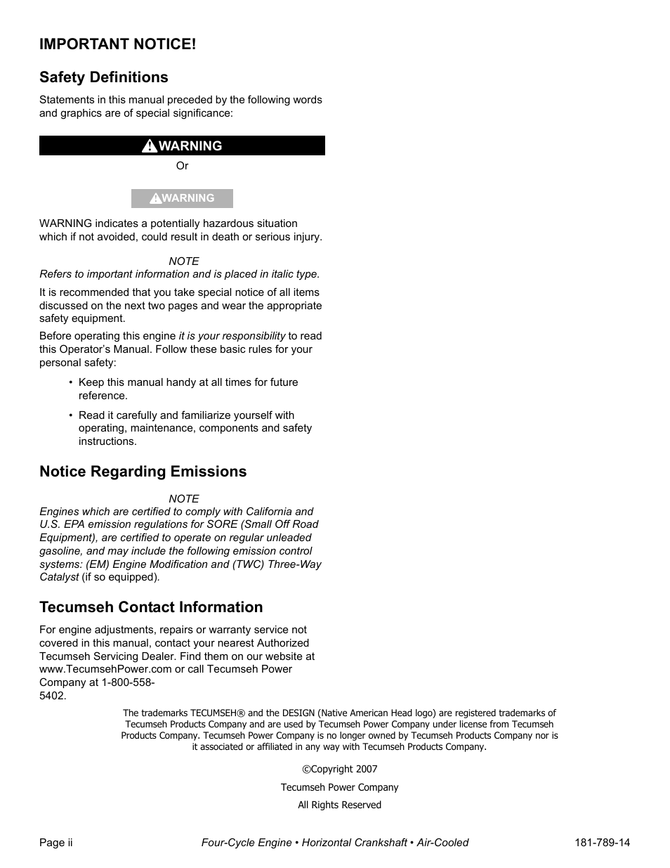 Important notice, Safety definitions, Notice regarding emissions | Tecumseh contact information, Important notice! safety definitions | Tecumseh H30-40 User Manual | Page 2 / 24