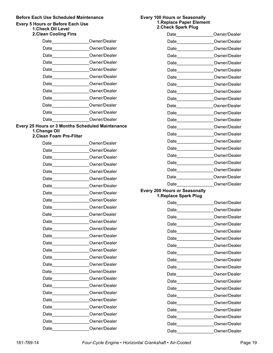 Check oil level, Clean cooling fins, Change oil | Clean foam pre-filter, Replace paper element, Check spark plug, Replace spark plug | Tecumseh H30-40 User Manual | Page 21 / 24