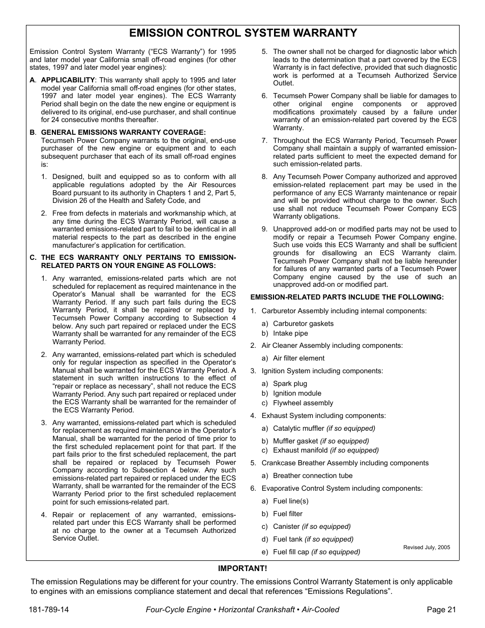 Emission control system warranty | Tecumseh H30-40 User Manual | Page 23 / 24