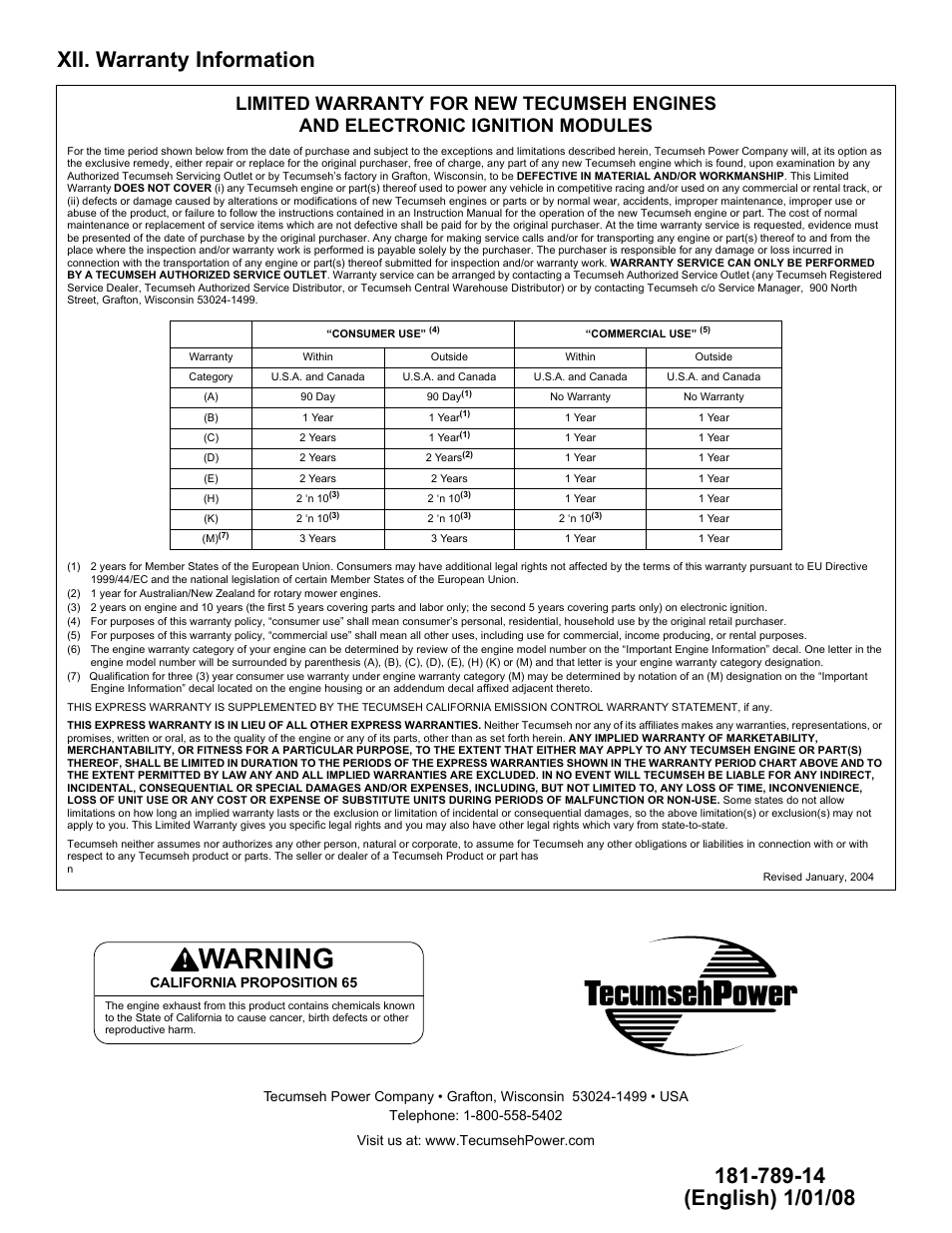 Xii. warranty information, 789-14 (english) 1/01/08, Tecumsehpower | Warning | Tecumseh H30-40 User Manual | Page 24 / 24